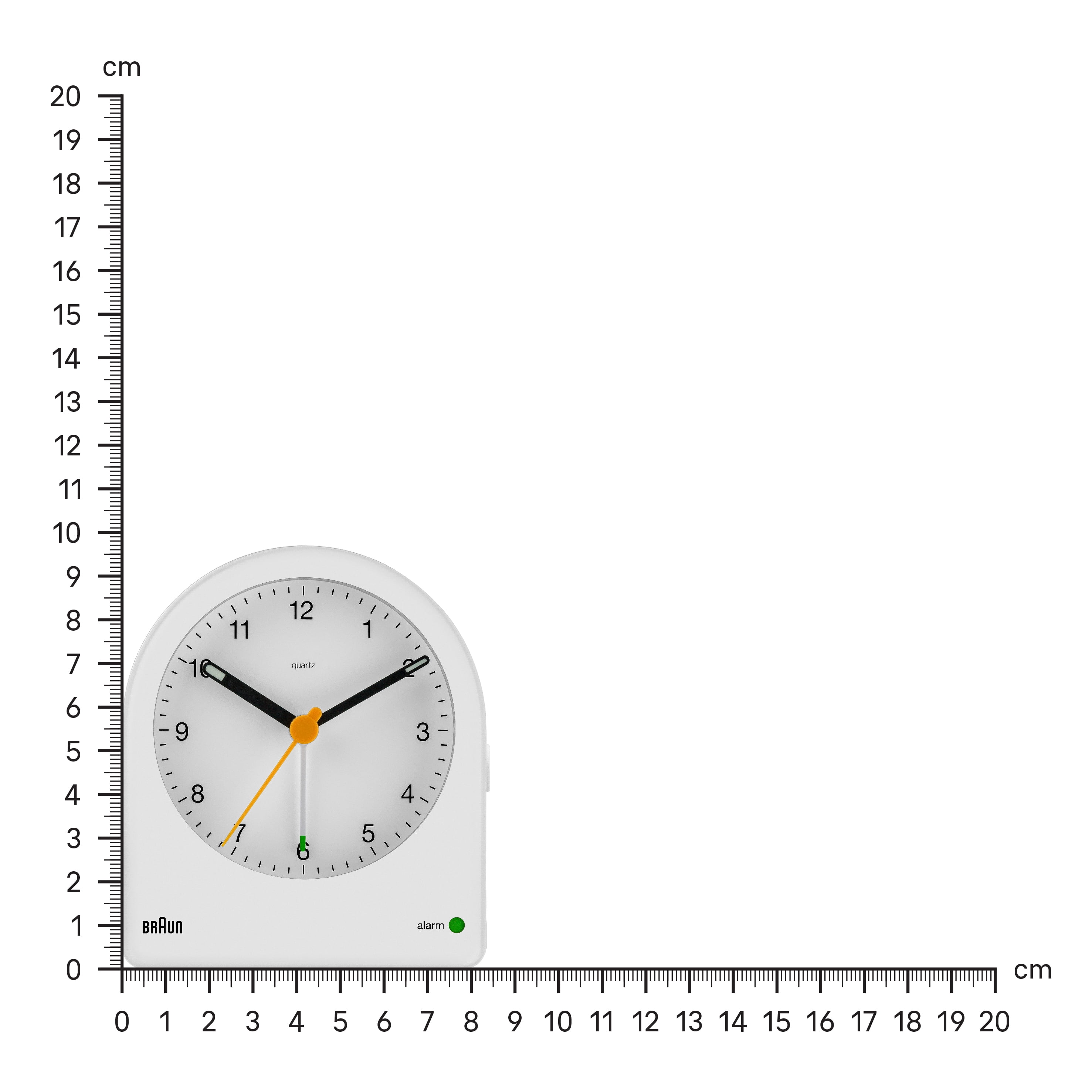 Braun Classic Analogue Alarm Clock with Snooze and Continuous Backlight, Quiet Quartz Movement, Crescendo Beep Alarm in White, model BC22W.