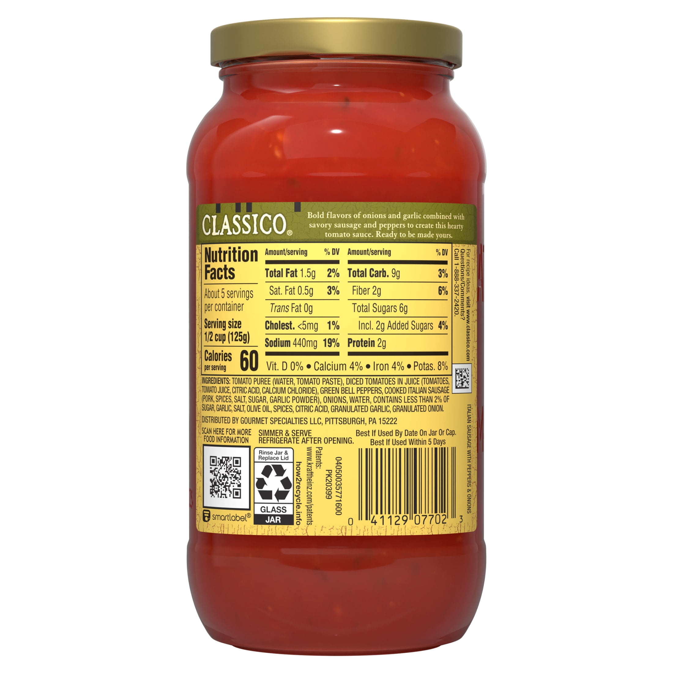 (6 pack) Classico Italian Sausage with Peppers & Onions Pasta Sauce, 24 oz Jar