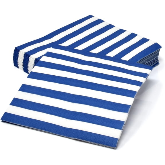 Gift Boutique Cocktail Napkins 100 Count, 3-Ply Disposable Paper, Navy Blue & White Striped Beverage Napkins for Parties, Wedding, Shower, 5x5 in