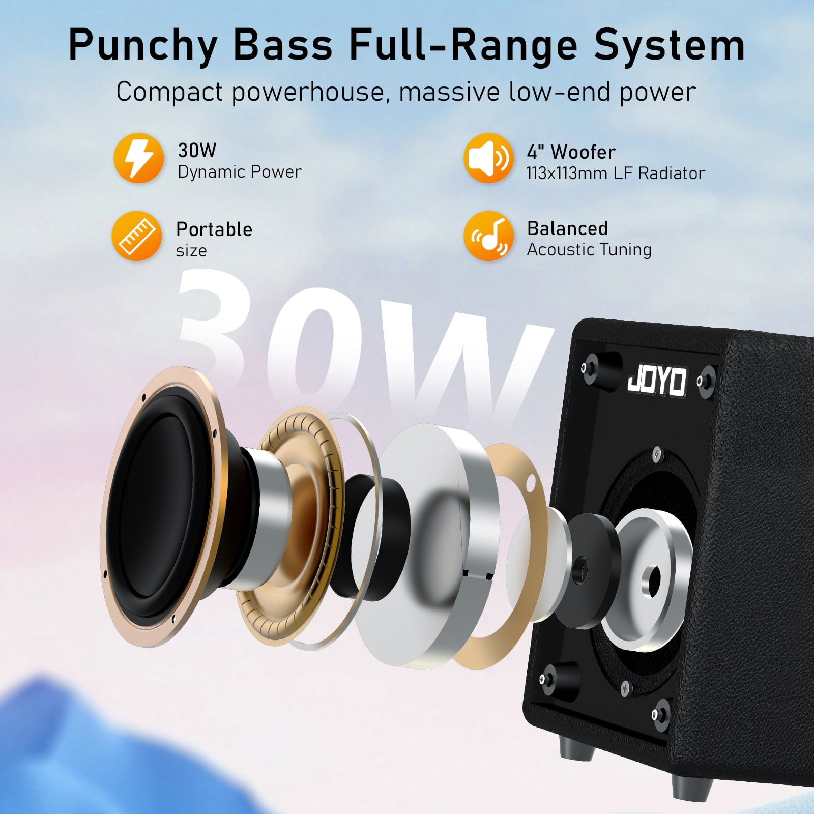 JOYO 30W Bass Amp Portable Combo Amplifier 4" Speaker with Bluetooth 5.1 + OTG Direct Recording | 3-Band EQ + Compressor