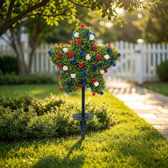 Garden Decorations Outdoor, Outdoor Garden Decor, Fourth of July Decorations, Patriotic Decorations, Star Shaped Boxwood Topiary, Artificial Roses, Garden Stake, Yard Decor