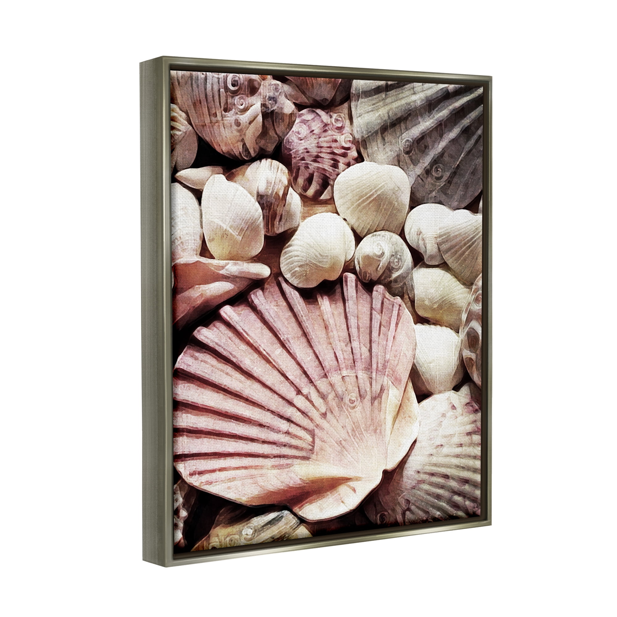 Stupell Stacked Coastal Seashells Landscape Photography Gray Floater Framed Art Print Wall Art