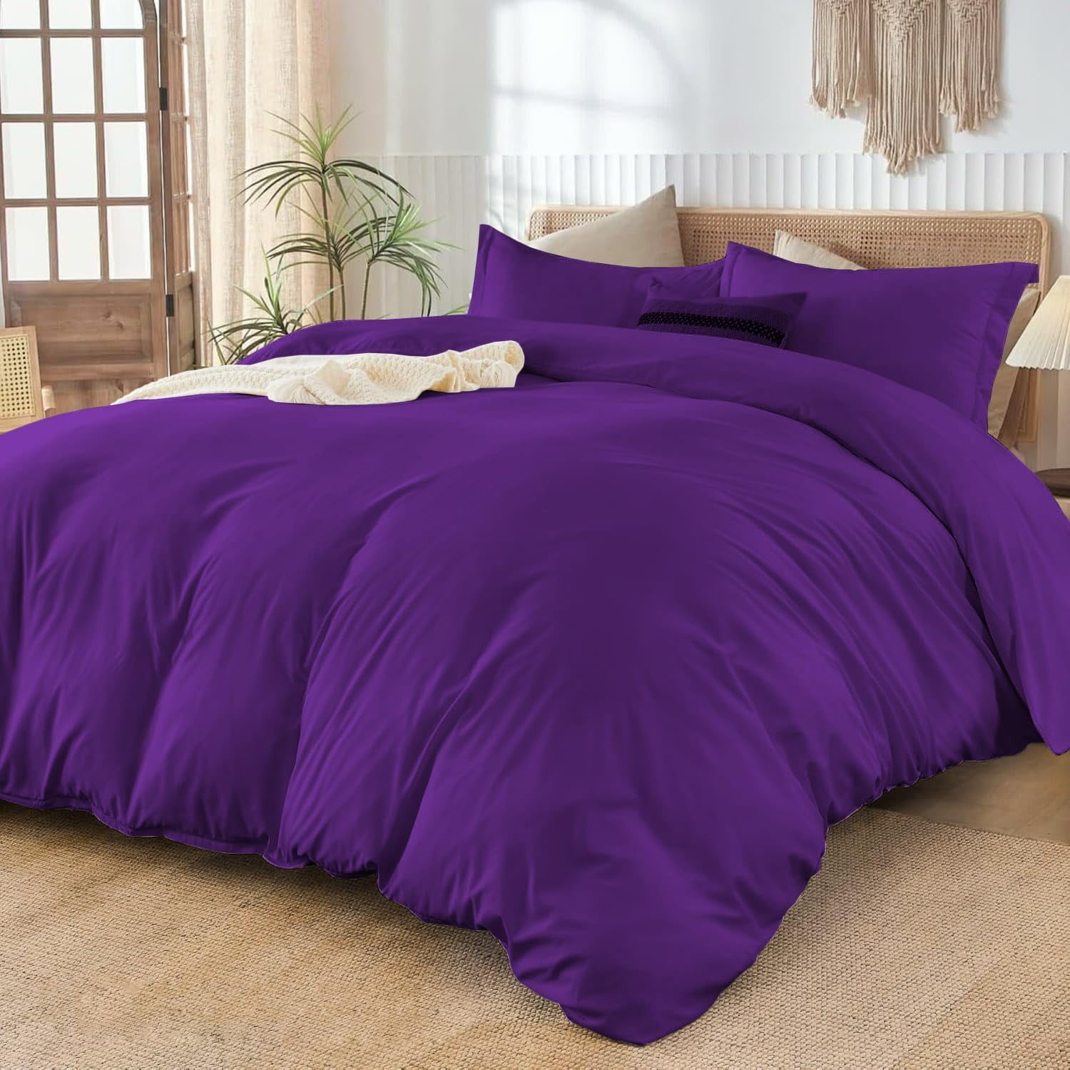 800 Thread Count Lightweight 5-PCs Duvet Set Soft & Cozy 100% | Zipper Closure & Corner Ties | ( 1 Duvet Cover & 4 Pillow Shams ) ( Super King, Solid Purple )