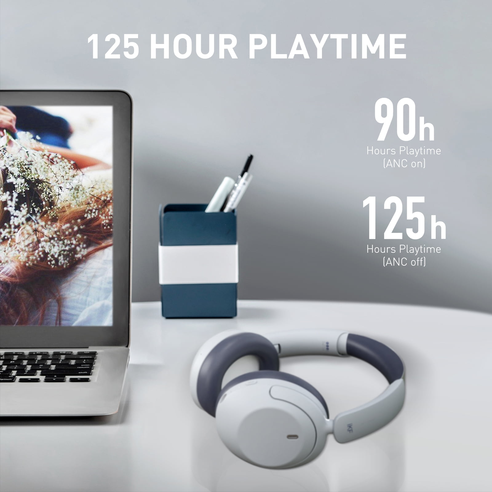 iKF-T3 Wireless Headphones Bluetooth 5.3 Active Noise Cancelling 125H Playtime Hi-Res Smart App Control 38ms Low Latency Foldable Lightweight Headset for PC Home Travel Office (Off White)