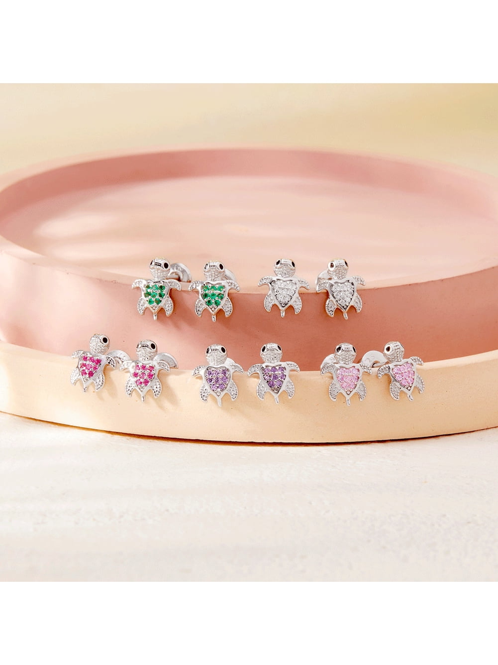 925 Sterling Silver Green Cubic Zirconia Turtle Screw Back Earrings for Girls