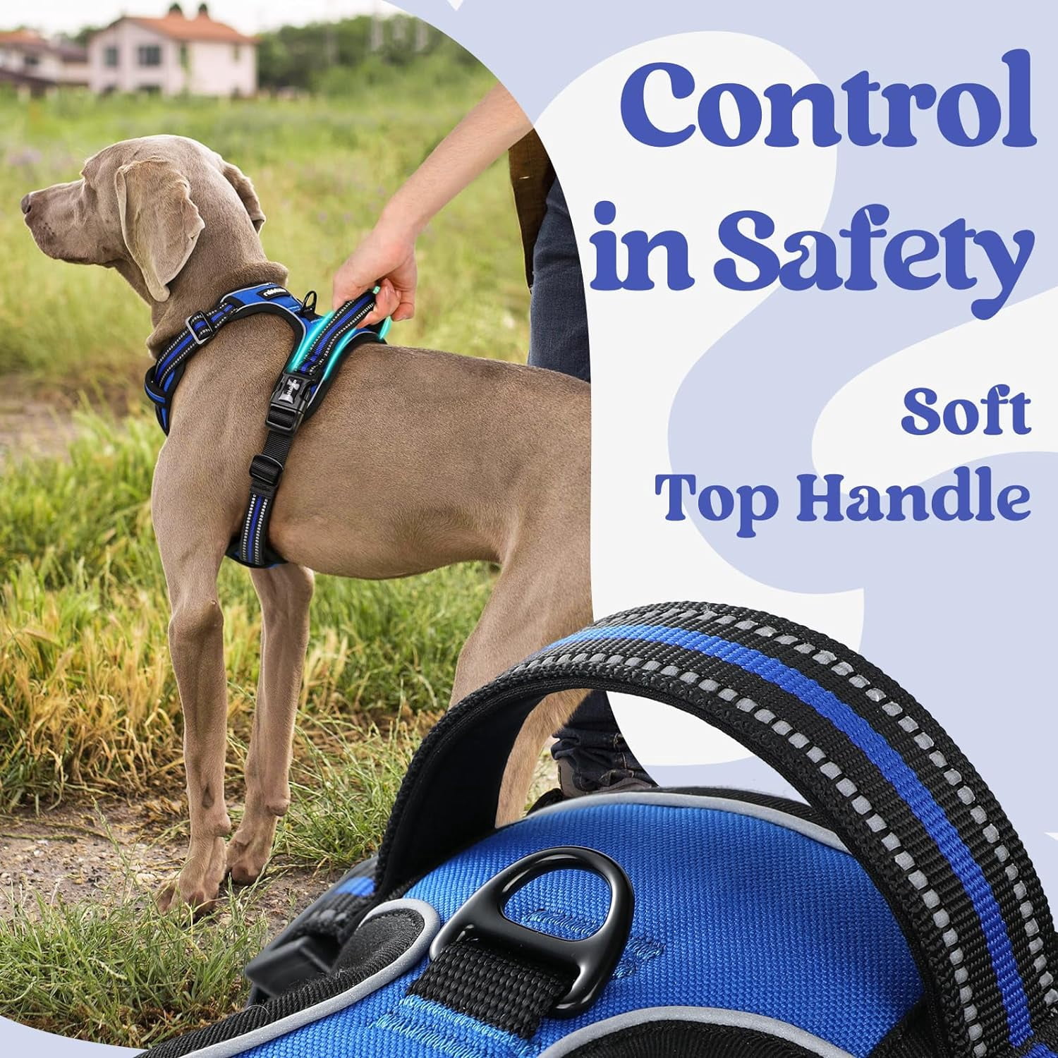 Dog Harness for Large, No Pull Pet Harness with 3 Buckles, Adjustable Soft Padded Vest with Control Handle, Walking Reflective Pet Vest for Large Dogs, Blue, L