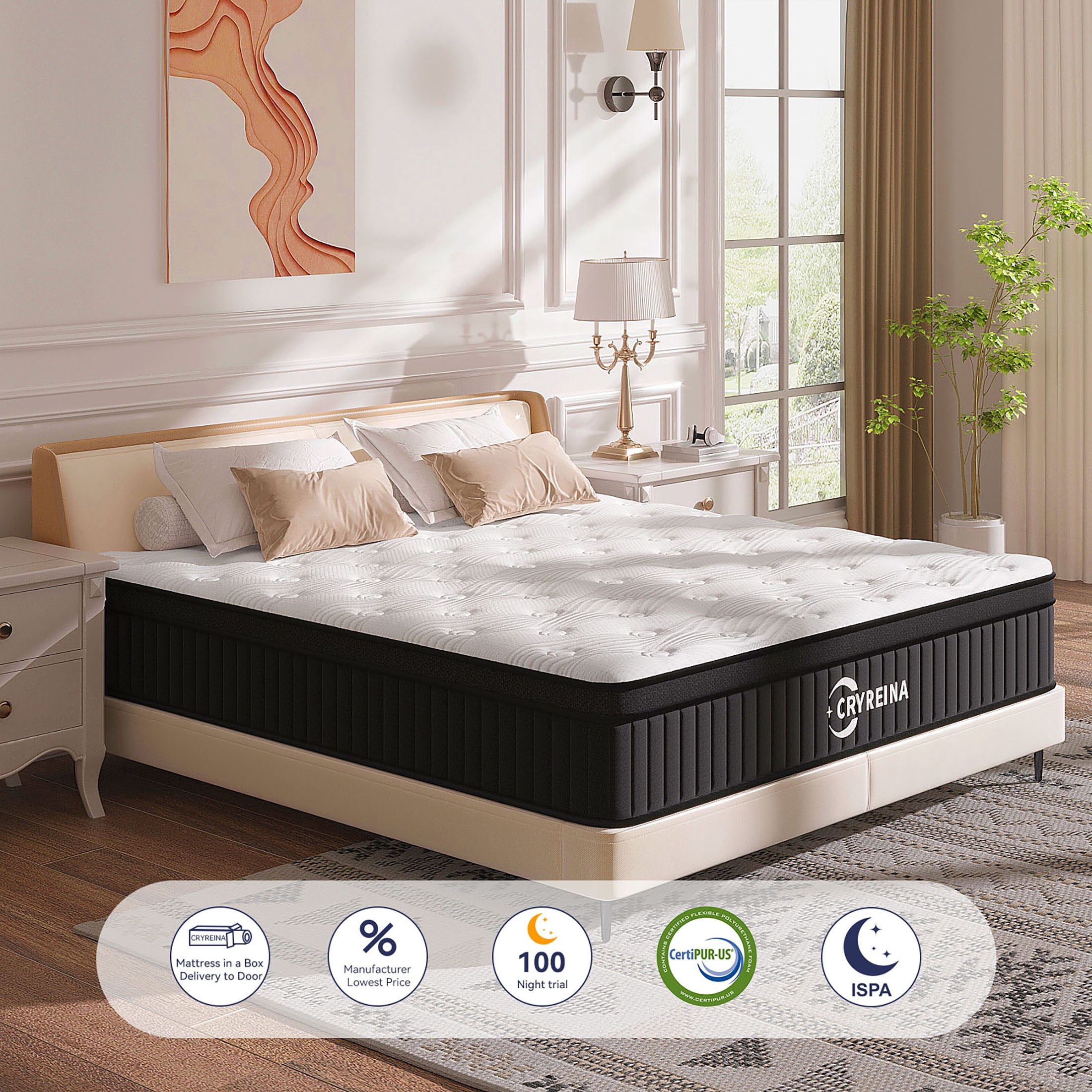 CRYREINA King Size Mattress 14 inch, Adult Hybrid King Mattress in a Box Pocket Springs, Medium Firm Feel for Pressure Relief, Breathable Comfort CertiPUR-US