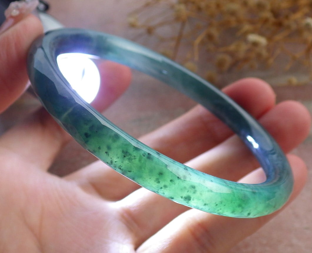 Icy Green Natural A JADE Jadeite Dia Cut Circle Bangle Bracelet 58 mm 682922 TN