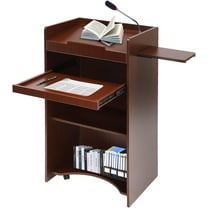 Mobile Lectern Podium Stand, Hostess Stand with Wheels, Portable Mobile Standing Laptop Desk with Storage Shelf, Wooden Speaking Lectern, Home Office Classroom Pulpit (Reddish-Brown)