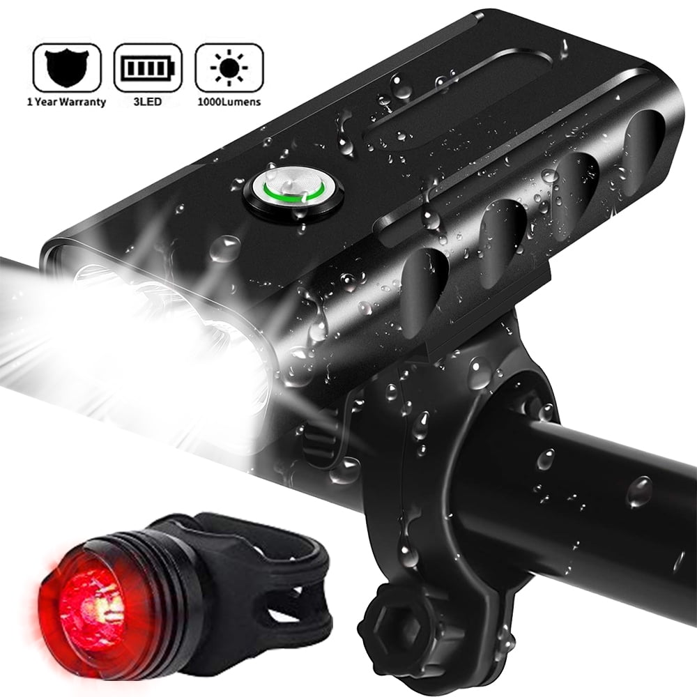 USB Rechargeable Bike Headlight & Taillight Set 3 LED Bike Light 1000 Lumen Super Bright Bicycle