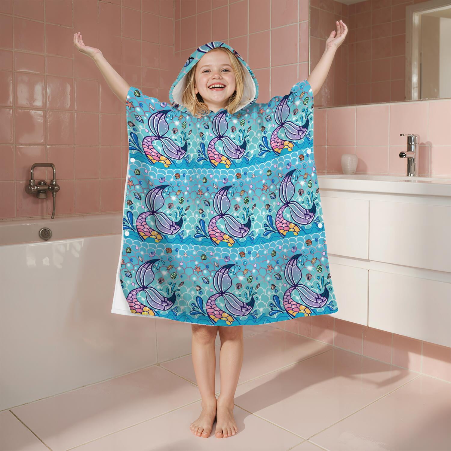 Hooded Kids Beach Towels - Toddler Bath Towel Girls Boys Swimming Cover-ups for Ages 2 to 6 Kids Pool Towels Quick Dry Lightweight Soft Microfiber Poncho Towel 28x28 (Mermaid Seashell)
