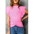 thumbnail image 4 of Women's Rose Red Checkered Ruffled Sleeve Frilled Neck Blouse, 4 of 11