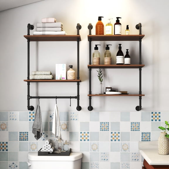 Jopath Wall Mounted Shelves,Industrial Pipe Shelf,36in Wood Display Shelves, And 3 Additional Hooks,For Wall Bathroom Kitchen Bedroom