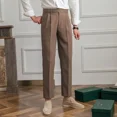 thumbnail image 2 of 9 Pantalones de traje masculino recortados marrones de talla grande, pantalones de verano para hombre, ropa nueva de diseñador, ropa de estilo coreano, tela formal, 2 of 5