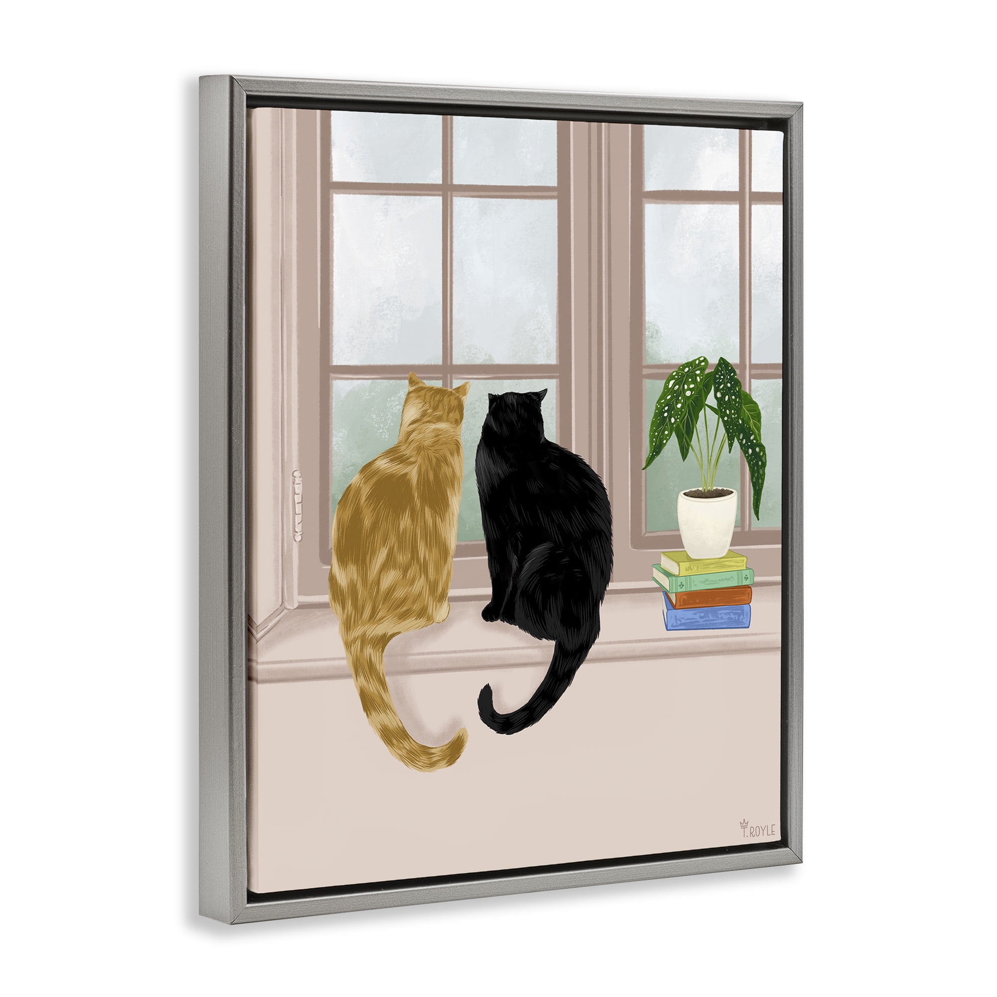 Stupell Industries Cat Pair in Windowsill Animals & Insects Painting Gray Floater Framed Canvas Art Print Wall Art, 17 x 21