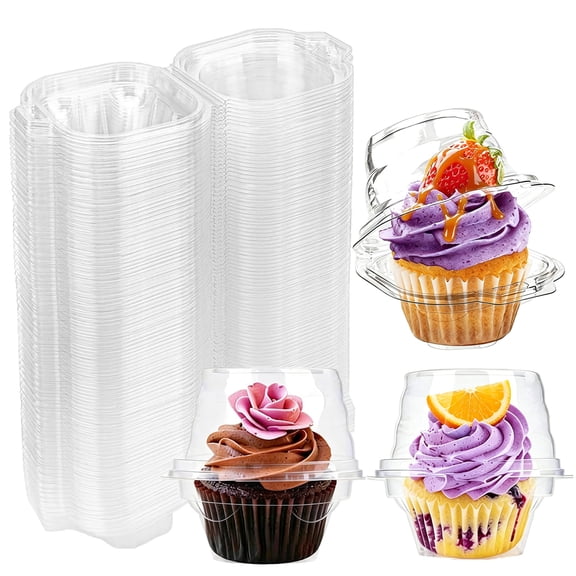 100 Pcs Individual Cupcake Containers, Plastic Clear Cupcake Boxes with Lid, Disposable Single Cupcake Holders for Wedding Baby Shower