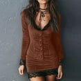 thumbnail image 3 of Women's Club Dress Velvet Lace Detail Button Front Retro Style Party Cocktail Dress for Spring Fall Night Out,Brown,2XL, 3 of 5