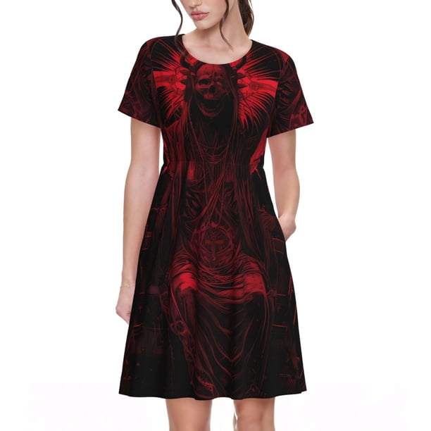 Balery Red Gothic Skeleton Throne Vestidos sueltos de manga corta para mujer, vestidos de verano 2025, vestidos casuales de corte A con vuelo.