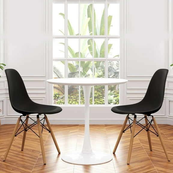 Modholic Tulip 36" Round Wood Dining Table & Set Of 2 Wood Leg Chairs, Black