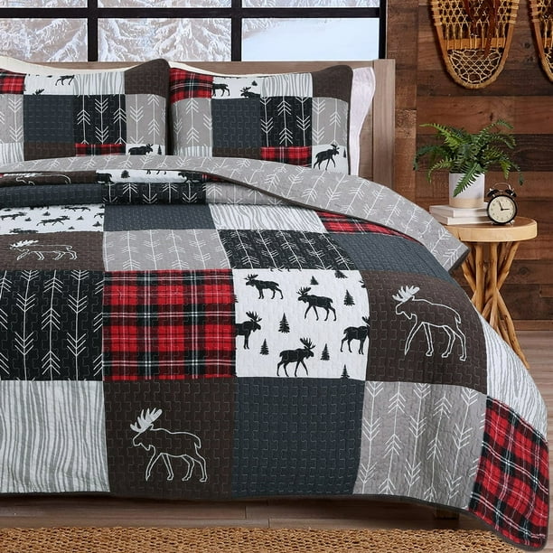 Moose Lodge Rustic Cabin Black Real Patchwork Reversible Twin Quilt