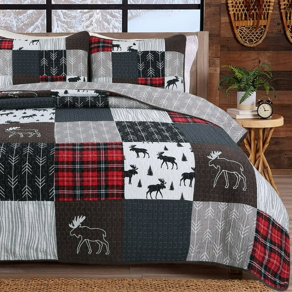 Moose Lodge Rustic Cabin Black Real Patchwork Reversible Queen Quilt Bedding Set