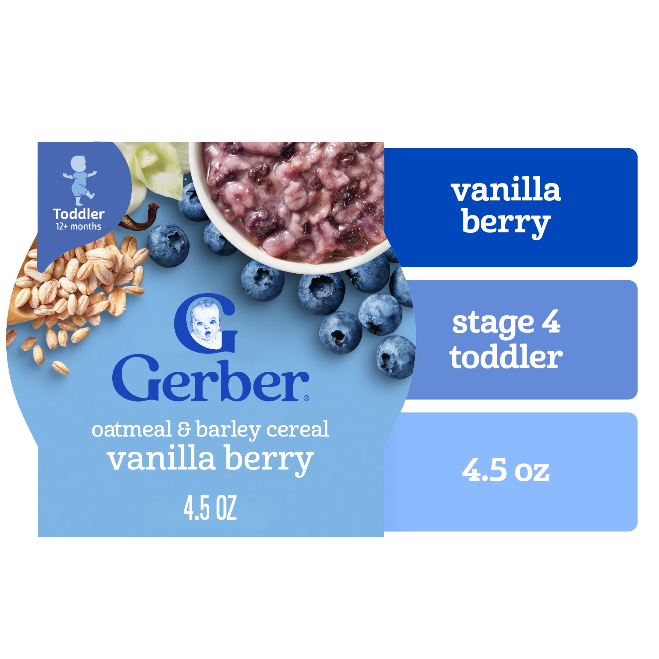 (12 pack) Gerber Toddler Food, Oatmeal and Barley Vanilla Berry Cereal, Toddler Oatmeal 4.5 oz