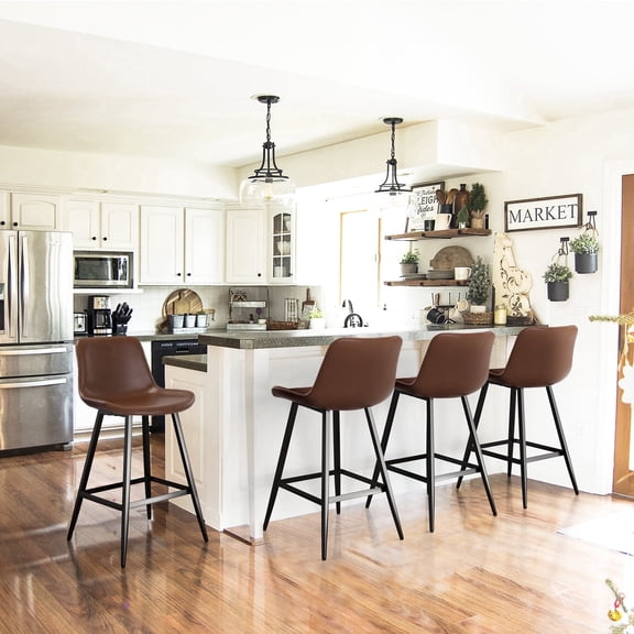 Carolayne Set of 4 Modern Faux Leather Bar Stools, 26” Counter Height for Kitchen Island, Dark Brown