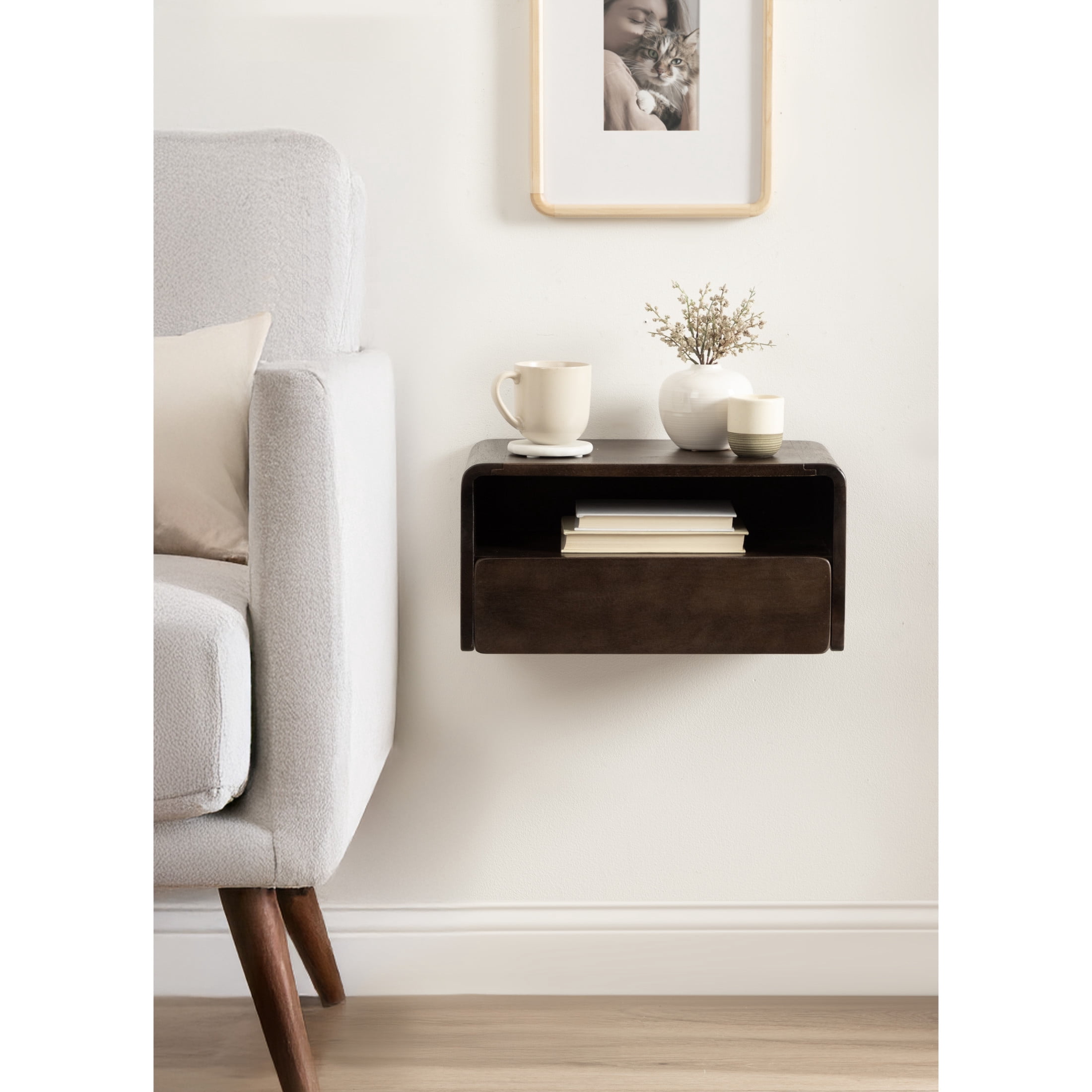 Kate and Laurel Kato Modern Mango Wood Floating Side Table with Drawer, 18 x 10 x 9, Dark Brown, Contemporary Wooden Floating Nightstand for Bedroom Bedside Table or Living Room Wall Storage