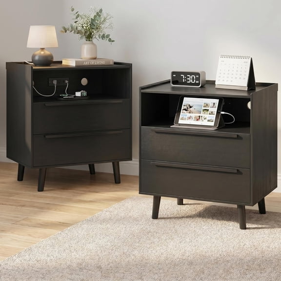 26" Tall Black Nightstand Set of 2 with Charging Station, 2 Drawer Modern Bedside Tables with Tray Top, USB & Type-C Ports and AC Outlets for Bedroom or Living Room
