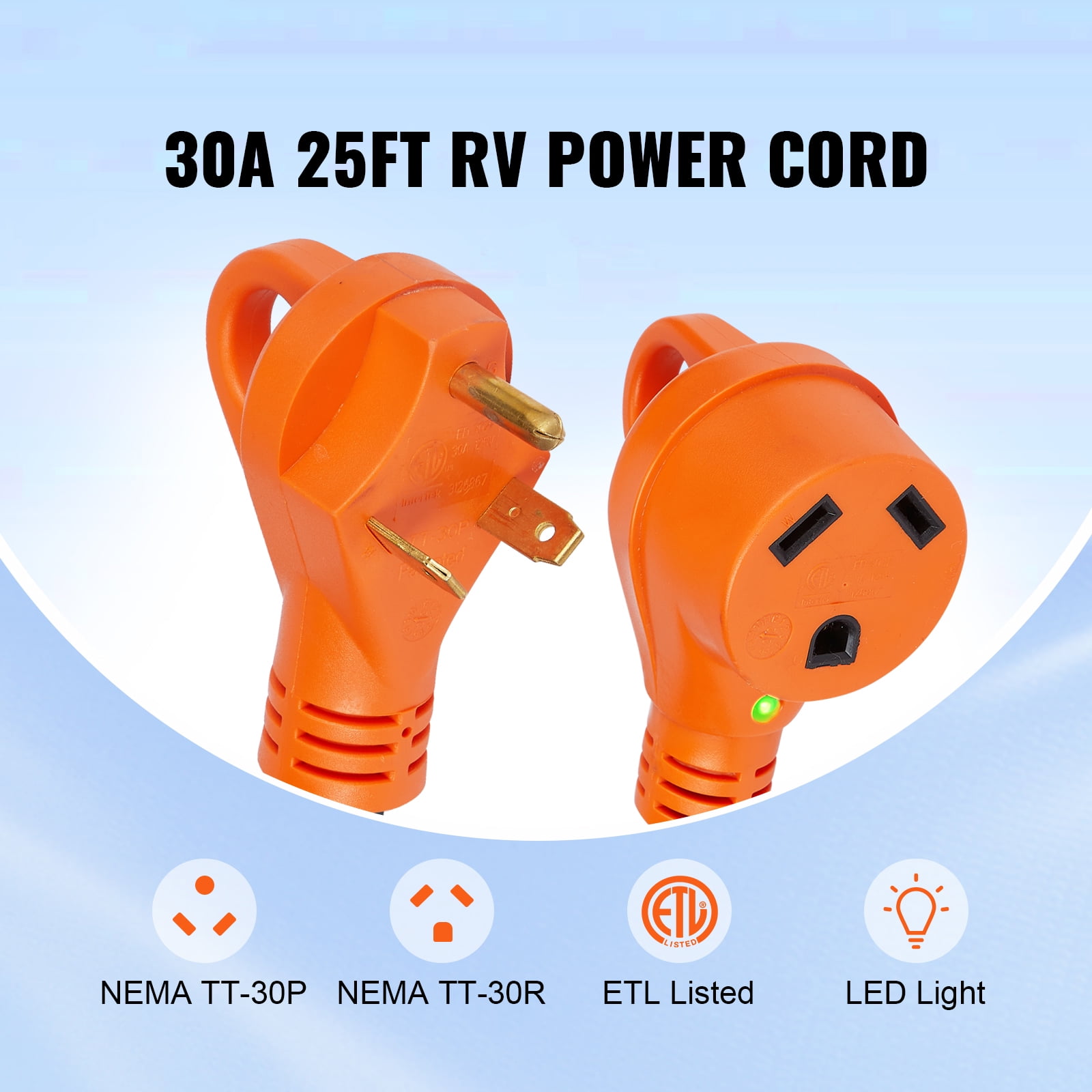 SKYSHALO 25 ft Extension Cable for RV, 30 Amp, Durable STW Power Cable, NEMA TT-30R to TT-30P, Includes LED Handle & 15A Adapter, Suitable for RVs, Trailers, Generators, ETL Certified