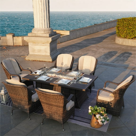 Abrihome Elegant PE Wicker and Aluminium Patio Dining Sets with Fire Pit Table