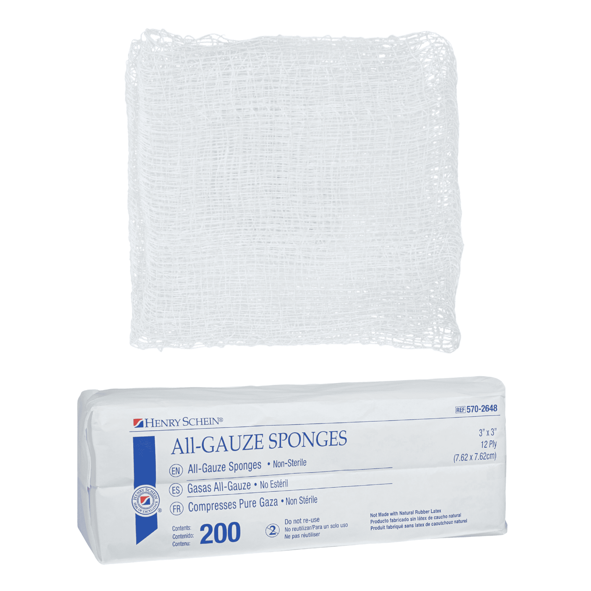 Henry Schein 100% Cotton Woven All-Gauze Sponge 3x3" 12 Ply Non-Sterile Square for Wound Dressing Gauze Sponge-Pads for Wound Care & Home First Aid Kits, Pack of 4