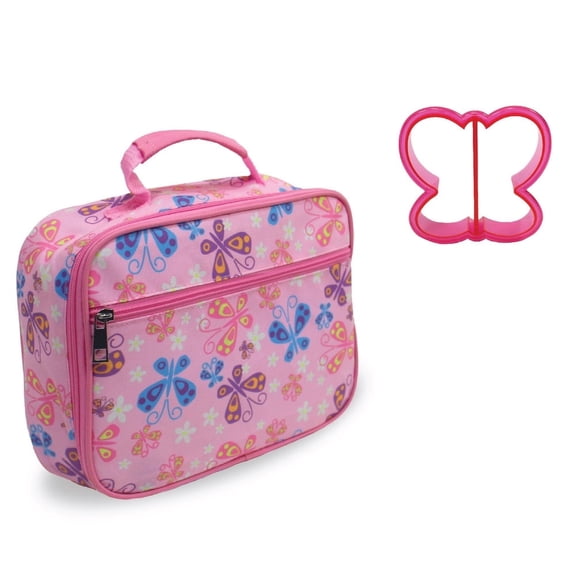 Keeli Kids Girl Butterflies Lunch Box Pink Lunch Bag with Butterfly Sandwich Cutter in Pink