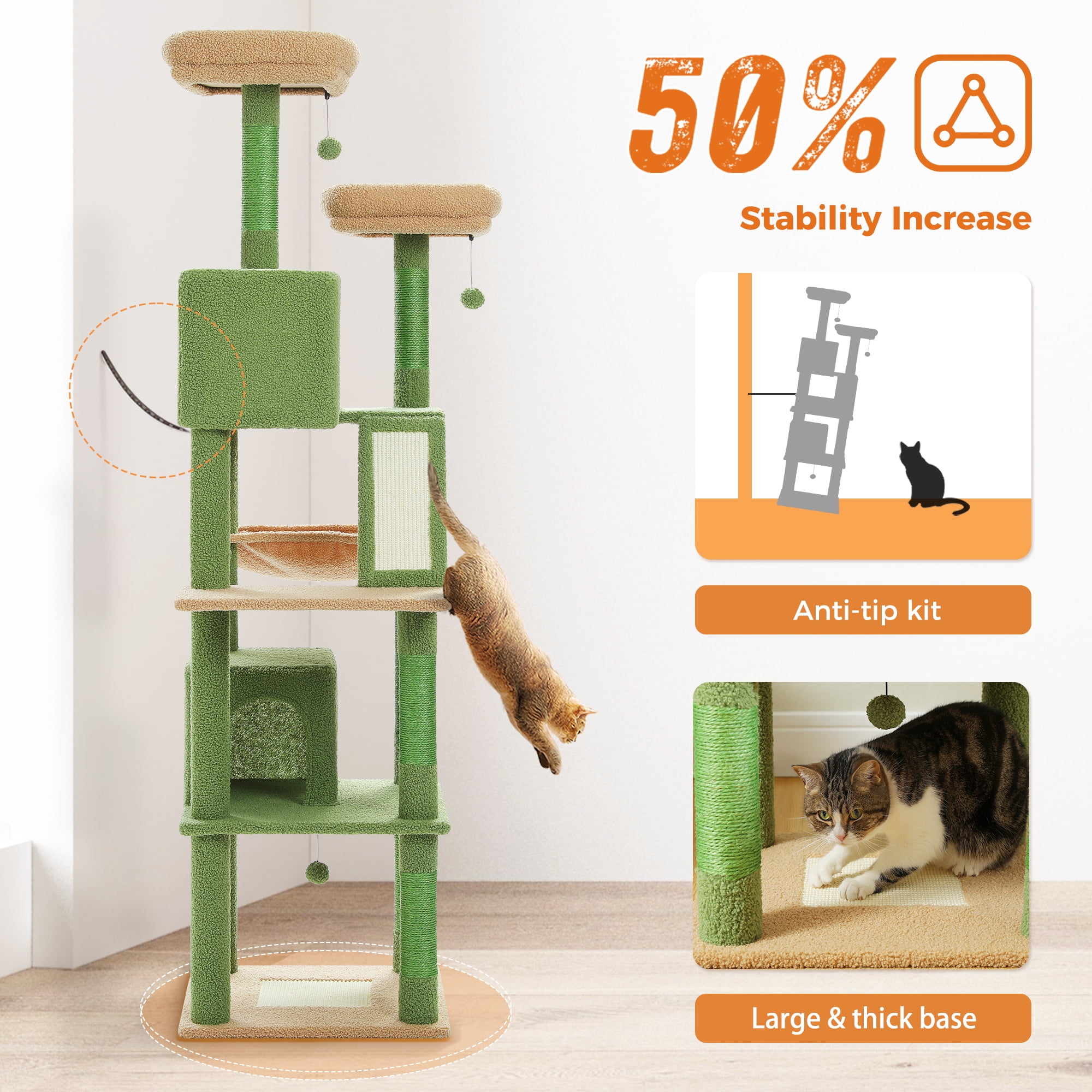 resenkos 70" Cat Tree Tower for Indoor Cats, Multi-Level Cat Tree House Cat Scratching Post with 2 Perches, 2 Cat Condos, Hammock and 2 Pompoms, Green