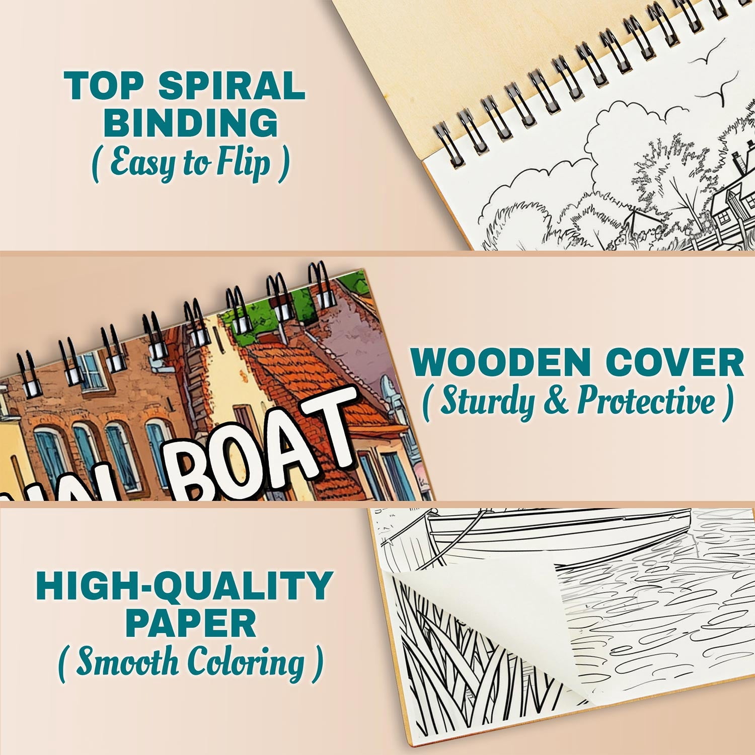 Netecom Canal Boat Coloring Book Spiral Bound for Adults, A5 Wooden Cover, 30 Beautiful Coloring Pages of Canal Boats on River for Stress Relief and Relaxation