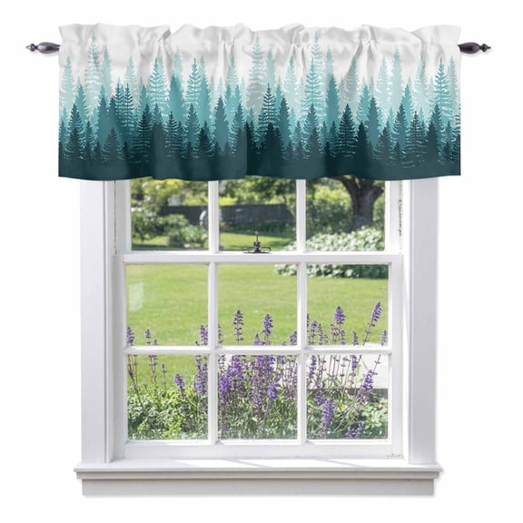 Teal Forest Valances for Windows, Nature Woodland Tree Misty Forest Silhouette Landscape Valance Window Treatment Rod Pocket Short Curtains Valances for Kitchen Bathroom 56"W x 16"L