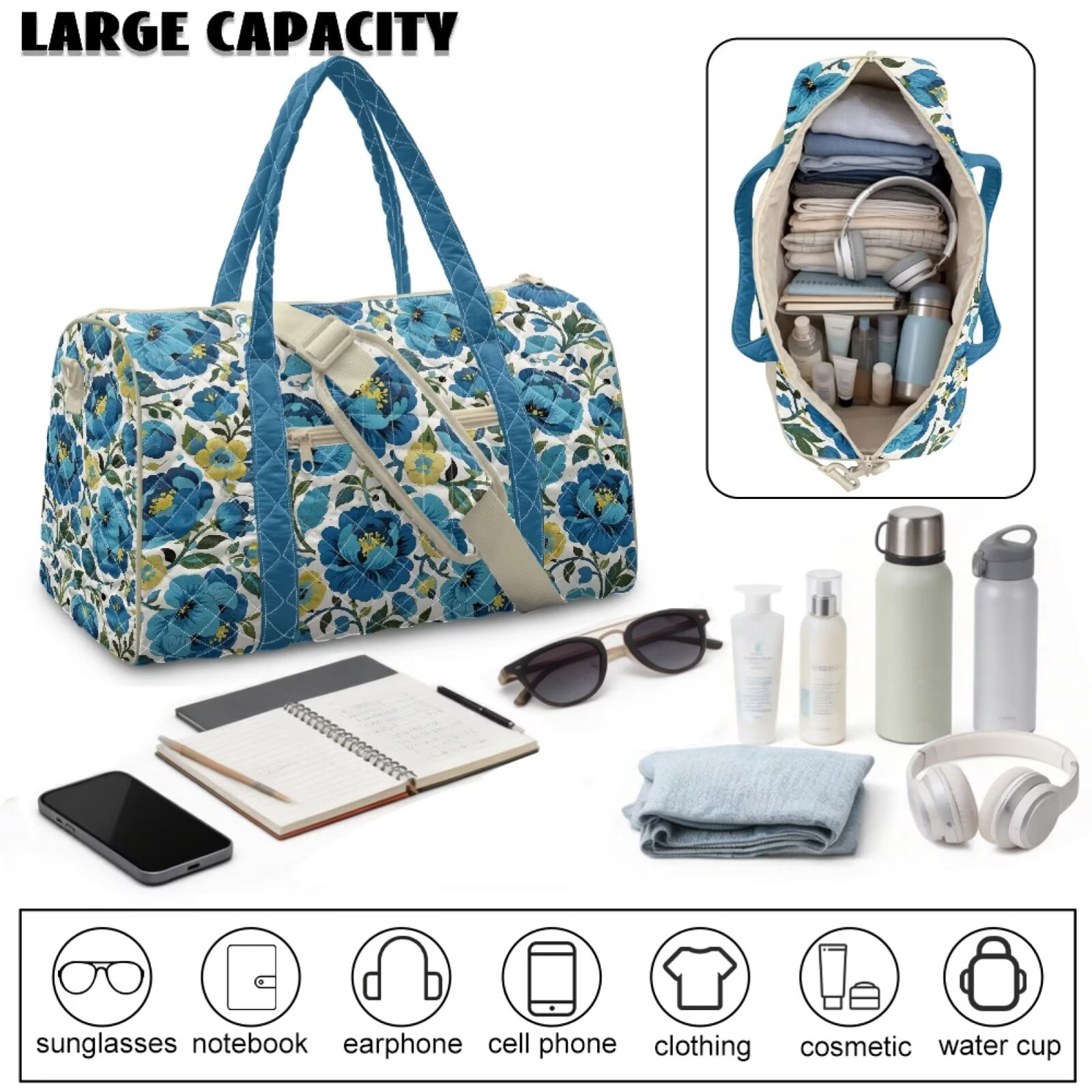 Chririnla Quilted Luggage Bag for Dad Universal Fit Travel Bag Soft Duffle with Separate Compartment & Smooth Zipper Fits, Blue Peony Pattern