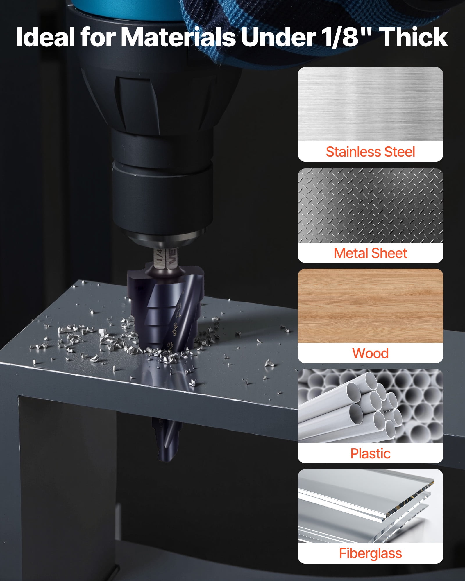VEVOR Step Drill Bit Set, 1/8 - 7/8 inch, 3 Pieces Step Drill Bits, 1/4 inch Hex Shank, TiAlN Coating Cobalt HSS High Speed Steel, for Metal, Stainless Steel, Aluminum, Wood, Plastic, Fiberglass