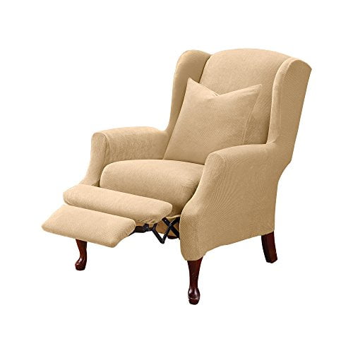 SURE FIT Home Dcor Stretch Pique Box Cushion Wing Recliner Chair Two Piece Slipcover, Form Fit, Polyester/Spandex, Machine Washable, Loveseat, Cream