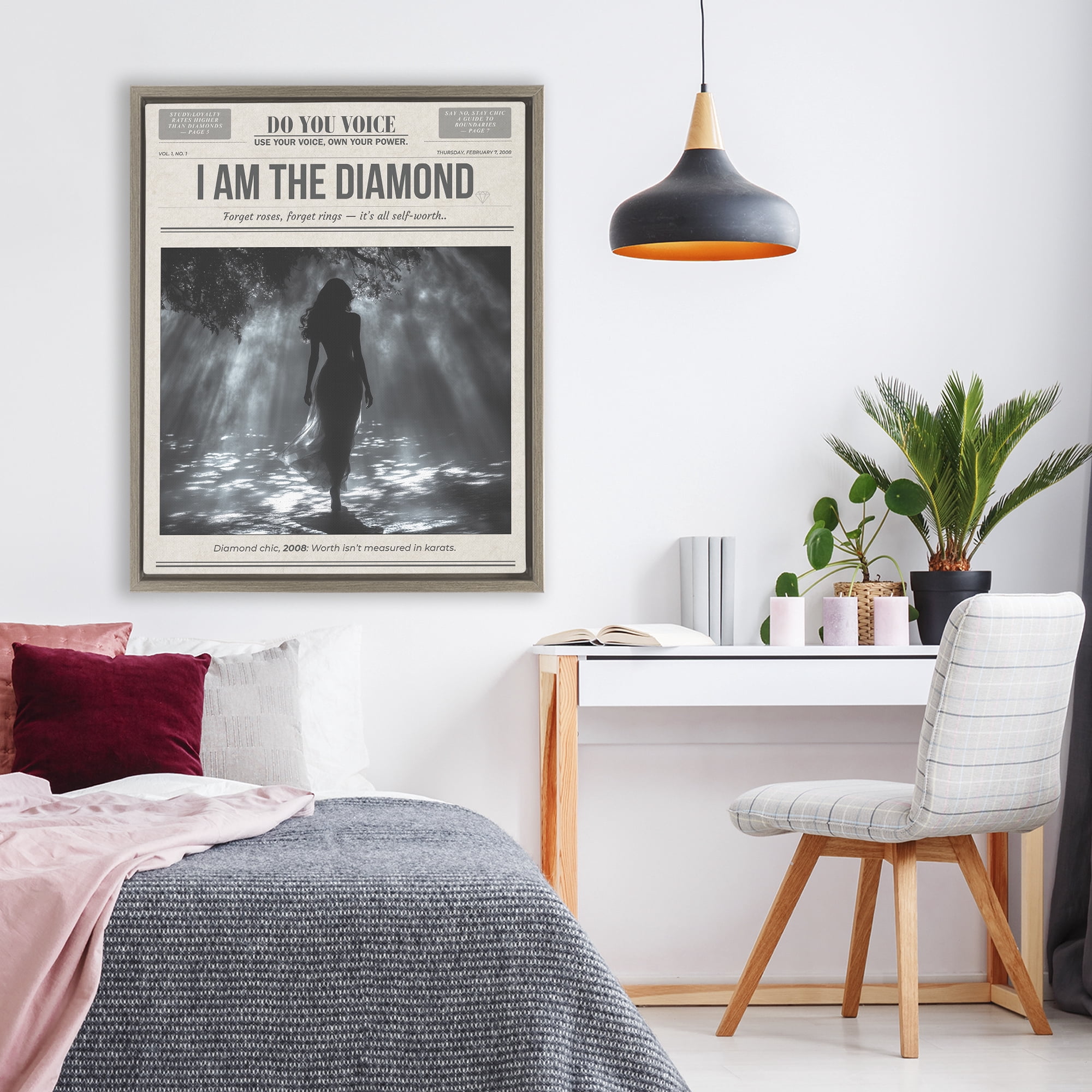 Stupell Industries Diamond Chic Newspaper Brown Framed Floater Canvas Wall Art, design by A Barefoot Stylist