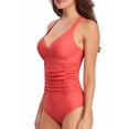 thumbnail image 3 of Csndyce Womens One Piece Swimsuits Retro V Neck Cross-Back Ruched Tummy Control Bathing Suits Female, 3 of 7