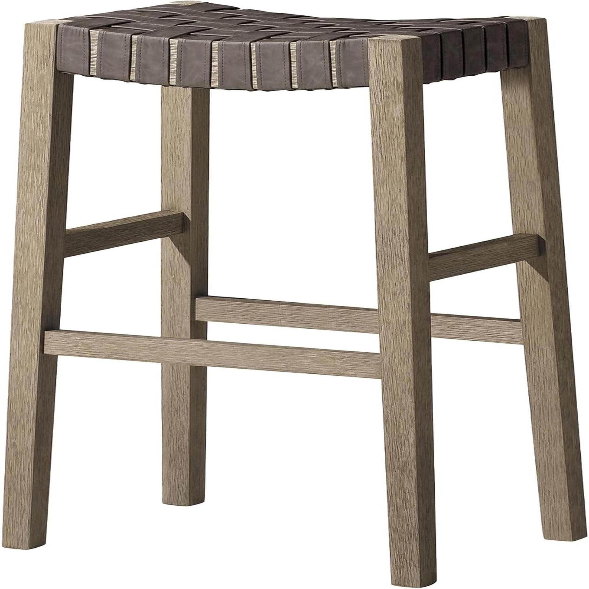 Maven Lane Emerson Bar Stool – 31 Inch – Rectangular Stool with Footrest – Grey Solid Wood & Grey Woven Leather Seat – Ideal for Pubs, Breakfast Bars & Tall Counters