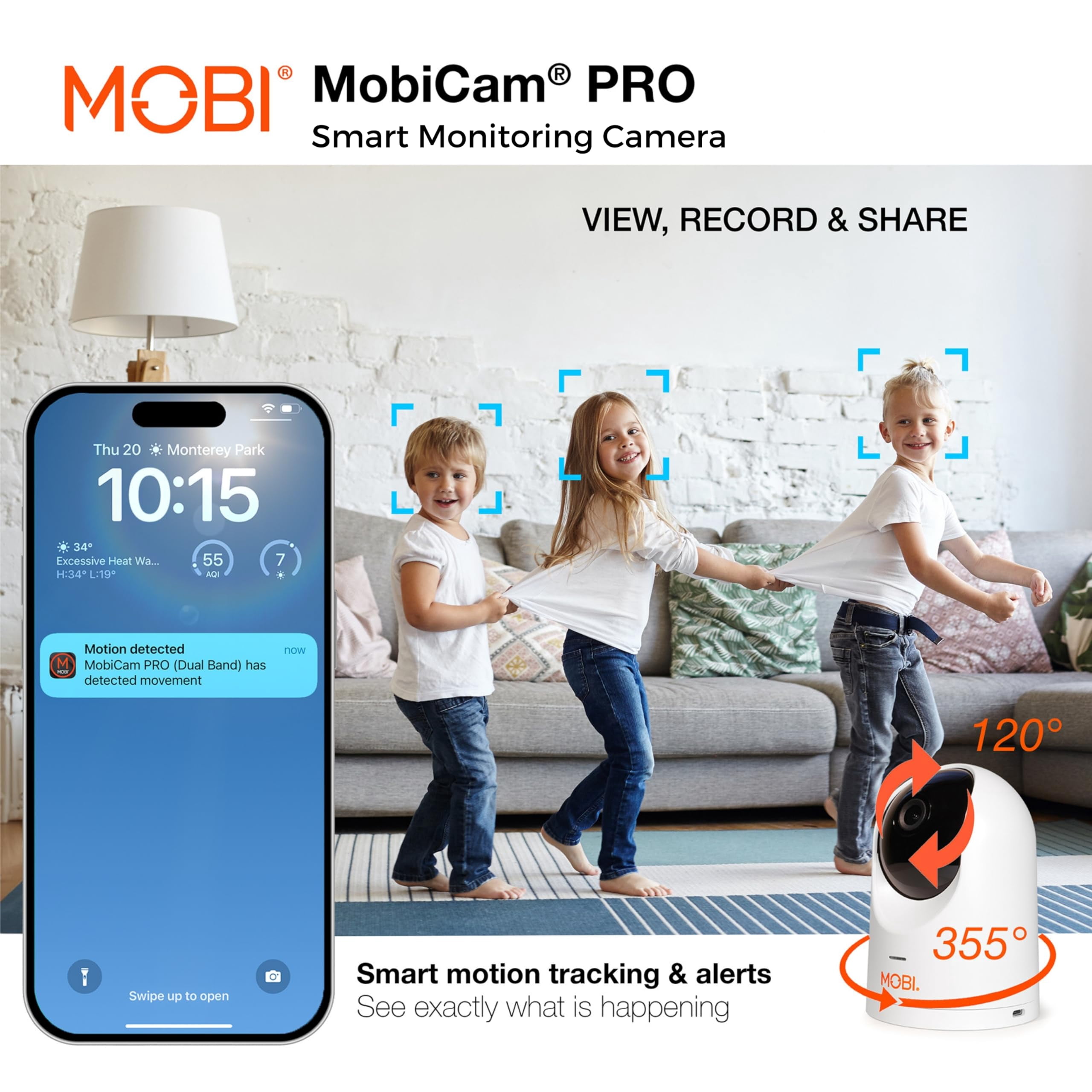 MobiCam PRO Intelligent Home Monitoring Camera (3-Pack): Full HD, Pan & Tilt, Color Night Vision, Motion Tracking, Temp & Humidity Readings. Supports Cloud & SD Storage, Smart App Compatible