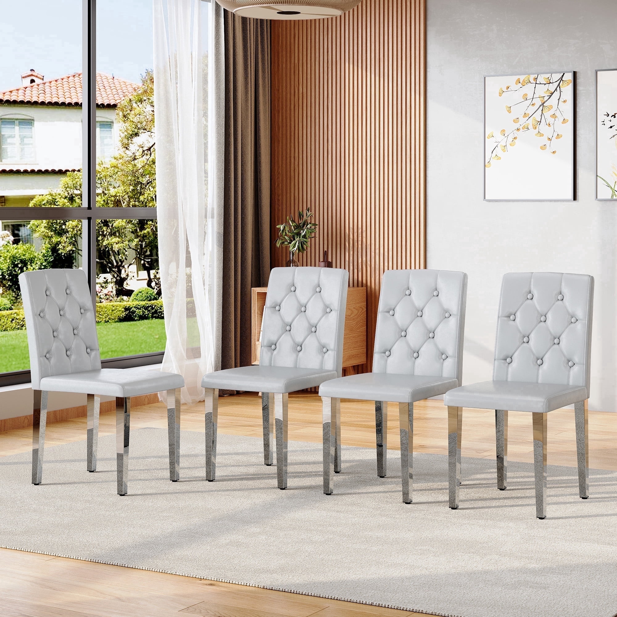 TesNus Dining Chairs Set of 4, 35" Height Light Gray PU Leather Tufted Back Upholstered Chairs with Silver Metal Legs for Dining Room Kitchen