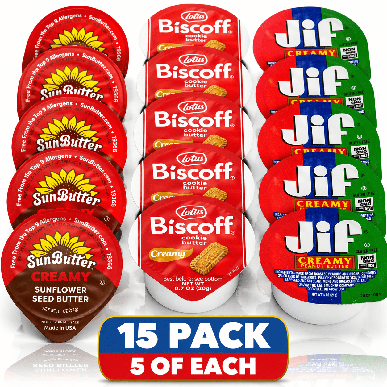Peanut Butter Cups Variety Pack, 15 Count – Single Serve Snack Pack (5  JIF TO GO, 5 Biscoff Cookie Butter, 5 Sunflower Butter) – On-the-Go Portion Cups for Lunch, Kids & Snacks