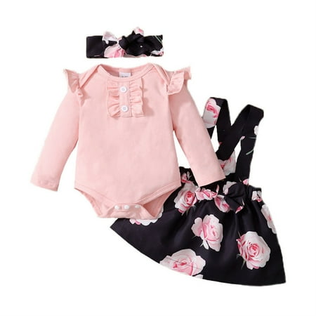 

Infant Toddler Baby Girl Spring/ Fall Outfit Floral Strap Sets Long Sleeve Romper and Suspender Skirt Headband 3pcs Summer Clothing Sets Pink 3-6 Months