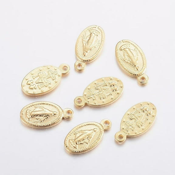 2 pc 304 Stainless Steel Miraculous Medal Charms Oval with Virgin Mary Golden 12.5x6.5x1.5mm Hole: 0.8mm