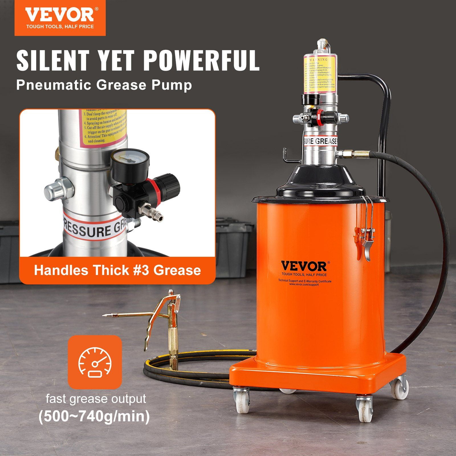 Air Operated Grease Pump, 5 Gallon (20L) Portable Pneumatic Lubrication System with 13 ft High Pressure Hose & Grease Gun, 50:1 Pressure Ratio, Wheeled Bucket Pump for Heavy-Duty Maintenance