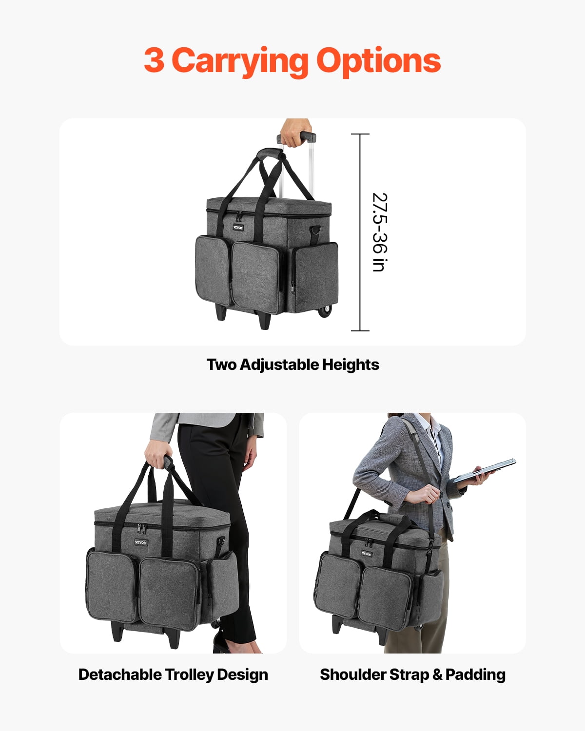 VEVOR Rolling Laptop Bag, Fits Up to 15.6 Inch Laptop, Wheeled Briefcase, Teacher Roller Computer Tote Bag with Detachable Trolley & Telescopic Handle, Laptop Case for Work Travel, Women & Men (Gray)