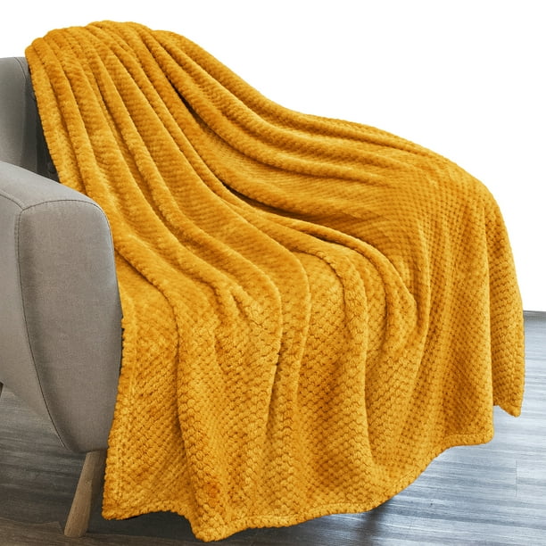 Pavilia Waffle Textured Fleece Throw Blanket For Couch Sofa Mustard Yellow Soft Plush Velvet Flannel